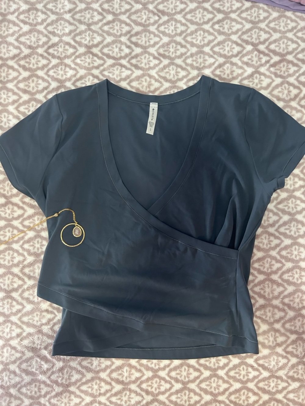 Athleta Green Wrap-Front V-Neck Short Sleeve Top